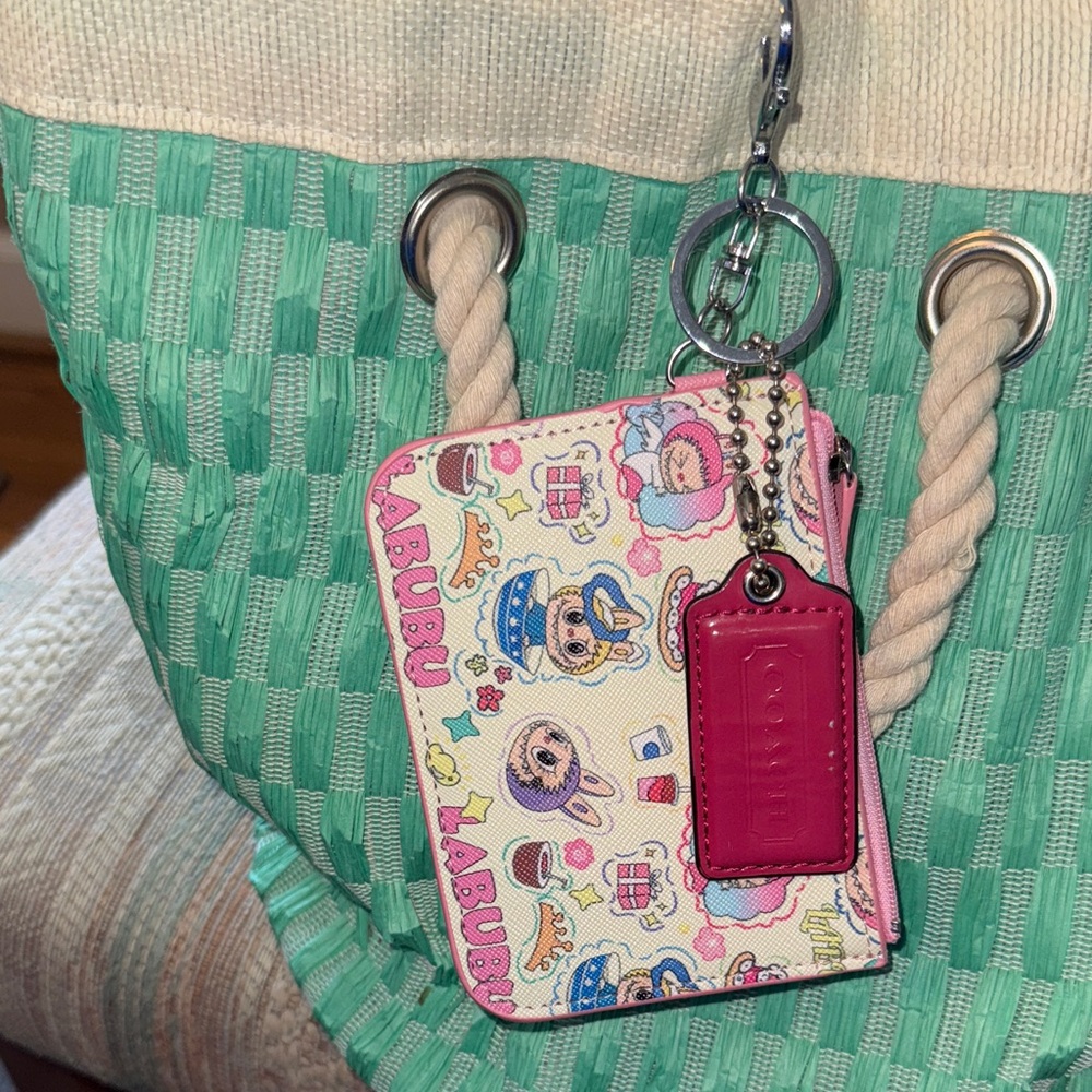 Labubu zippered card case and coach tag.